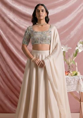 Beige Embroidered Silk Blend Lehenga Set