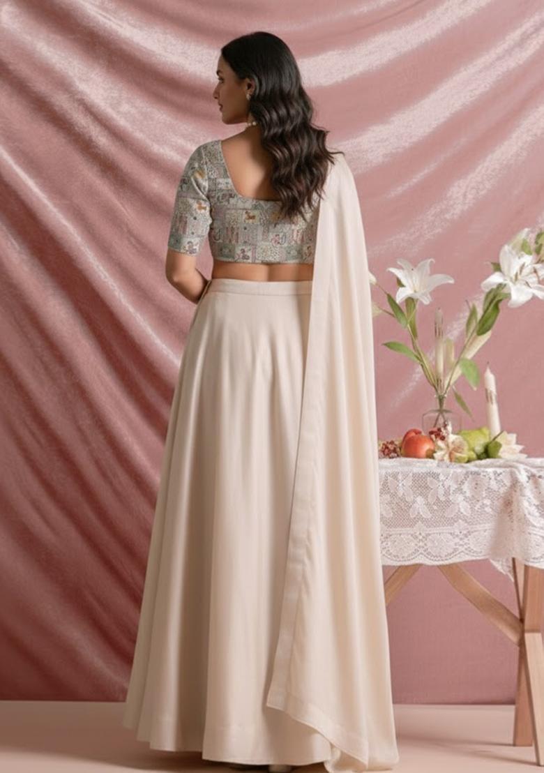 Beige Embroidered Silk Blend Lehenga Set - Indya