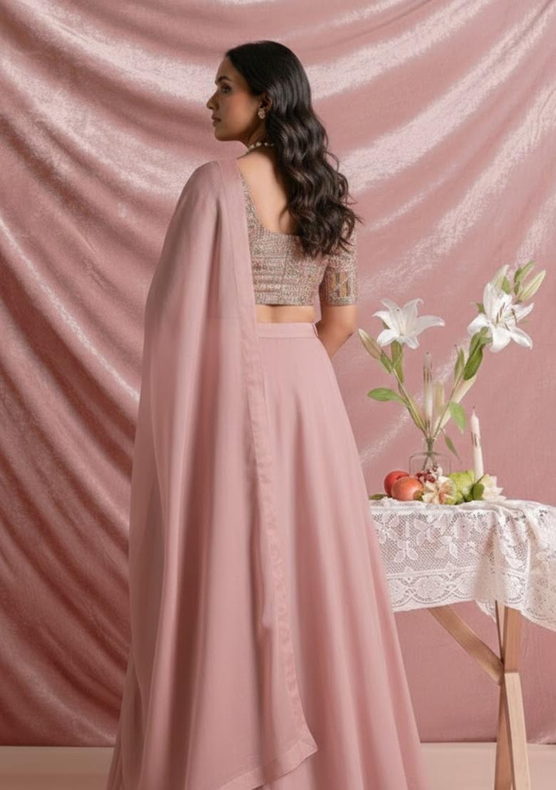 Baby Pink Embroidered Silk Blend Lehenga Set - Indya