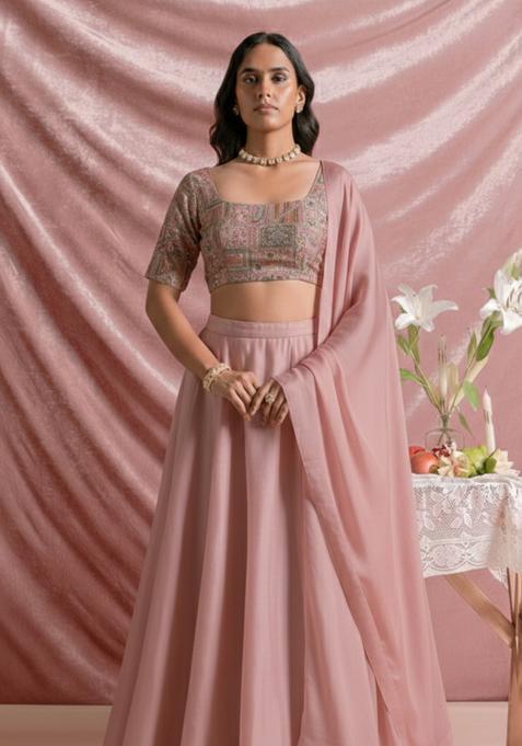 Baby Pink Embroidered Silk Blend Lehenga Set
