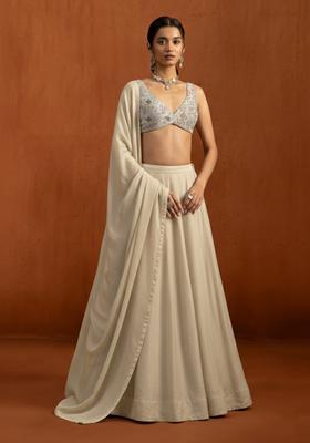 Cream Embroidered Silk Blend Lehenga Set