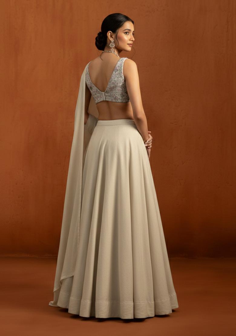 Cream Embroidered Silk Blend Lehenga Set - Indya