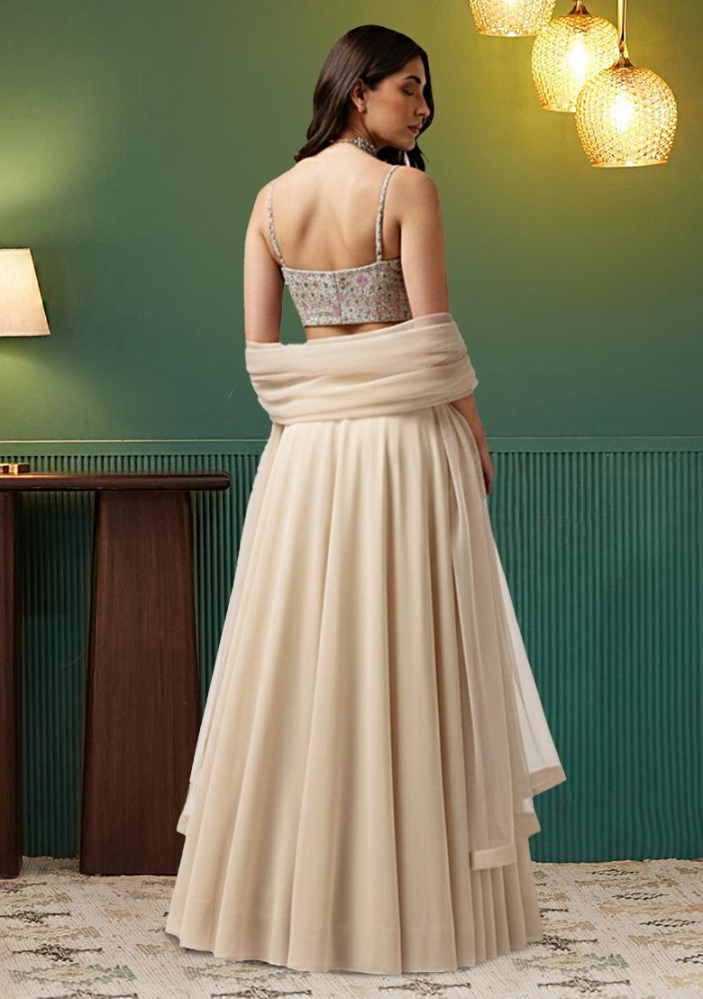 Cream Embroidered Silk Blend Lehenga Set - Indya