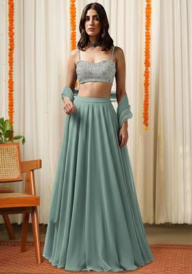 Mint Green Embroidered Silk Blend Lehenga Set