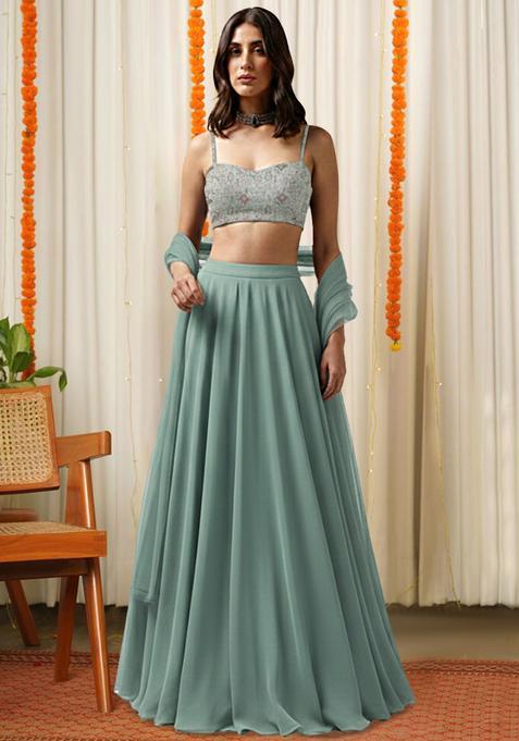 Mint Green Embroidered Silk Blend Lehenga Set