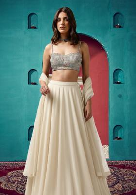 Off White Embroidered Silk Blend Lehenga Set