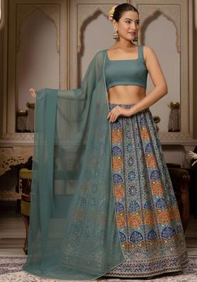 Deep Teal Green Embroidered Crepe Lehenga Set