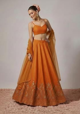 Orange Embroidered Crepe Lehenga Set