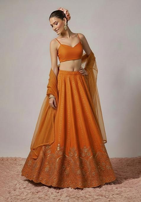 Orange Embroidered Crepe Lehenga Set