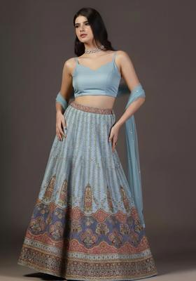 Powder Blue Embroidered Crepe Lehenga Set