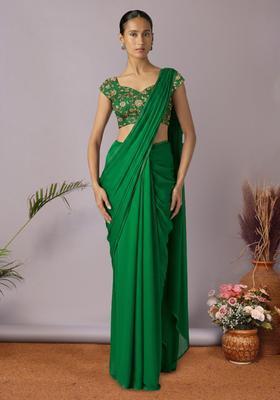 Emerald Green Embroidered Georgette Pre Draped Saree Set