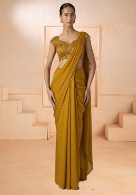 Mustard Embroidered Georgette Pre Draped Saree Set