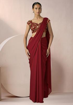 Deep Red Embroidered Georgette Pre Draped Saree Set