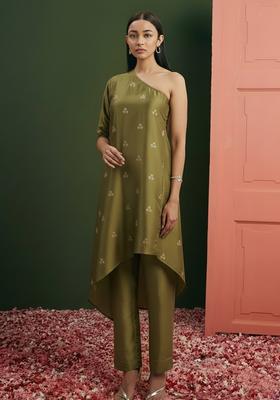 Olive Green Sequin Net Fusion Set