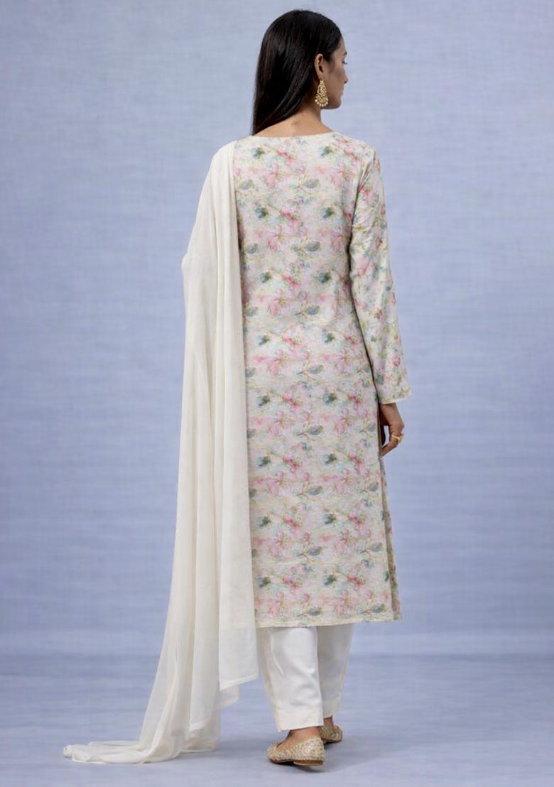 Off White Floral Print Jacquard Straight Kurta Set - Indya
