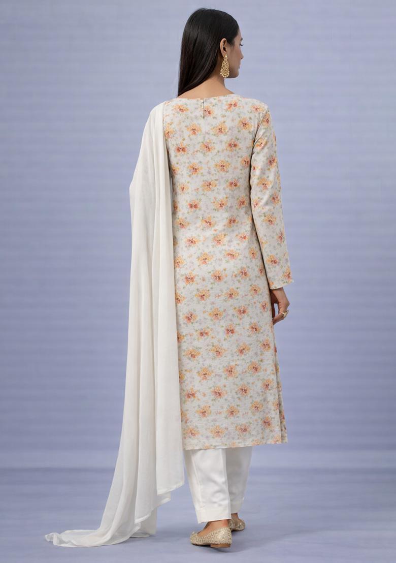 Ivory Floral Print Georgette Straight Kurta Set - Indya