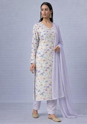 Lilac Floral Print Georgette Straight Kurta Set