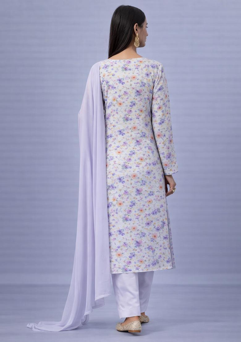 Lilac Floral Print Georgette Straight Kurta Set - Indya