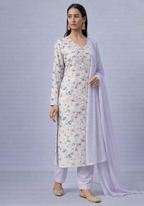 Lilac Floral Print Georgette Straight Kurta Set