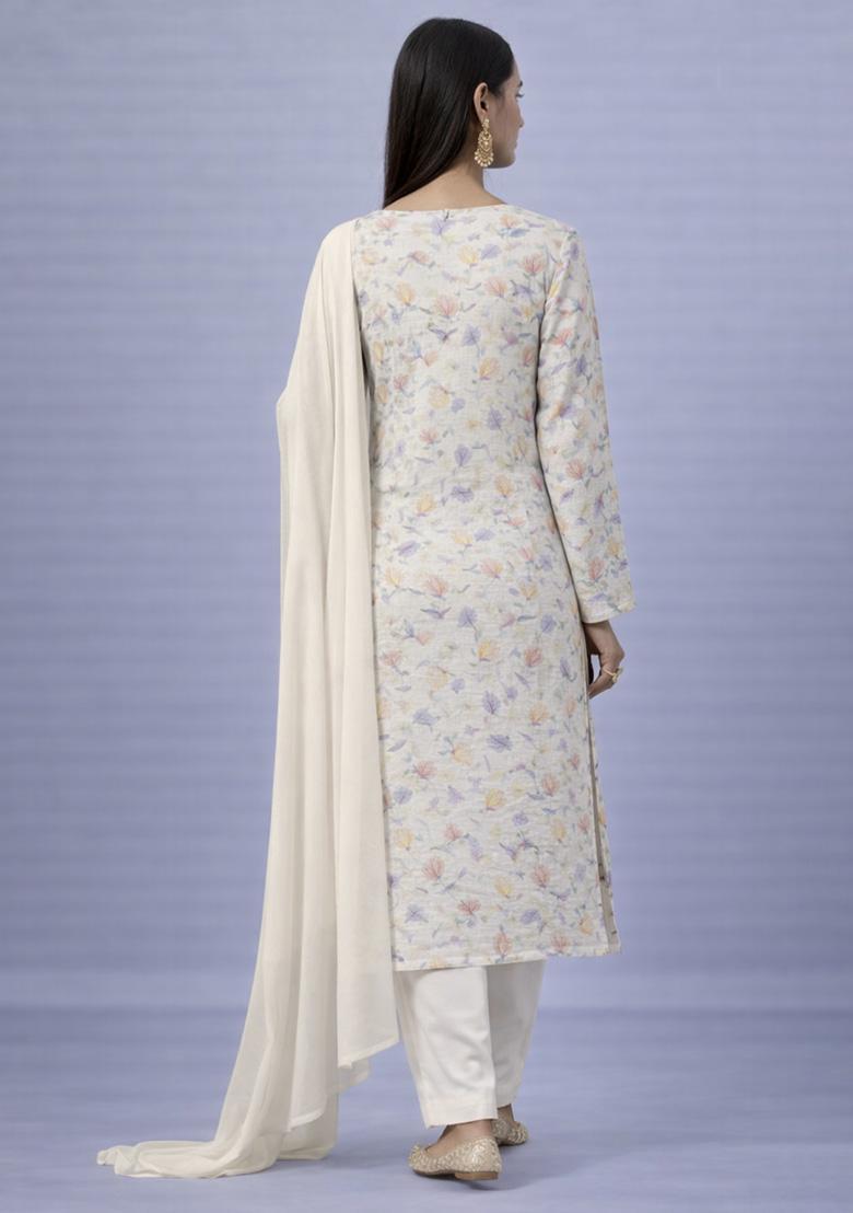 Soft Cream Floral Print Jacquard Straight Kurta Set - Indya