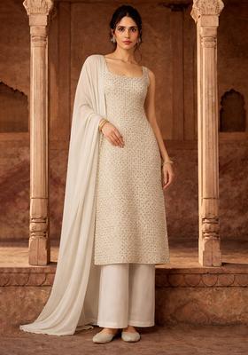 Off White Embroidered Georgette Straight Kurta Set