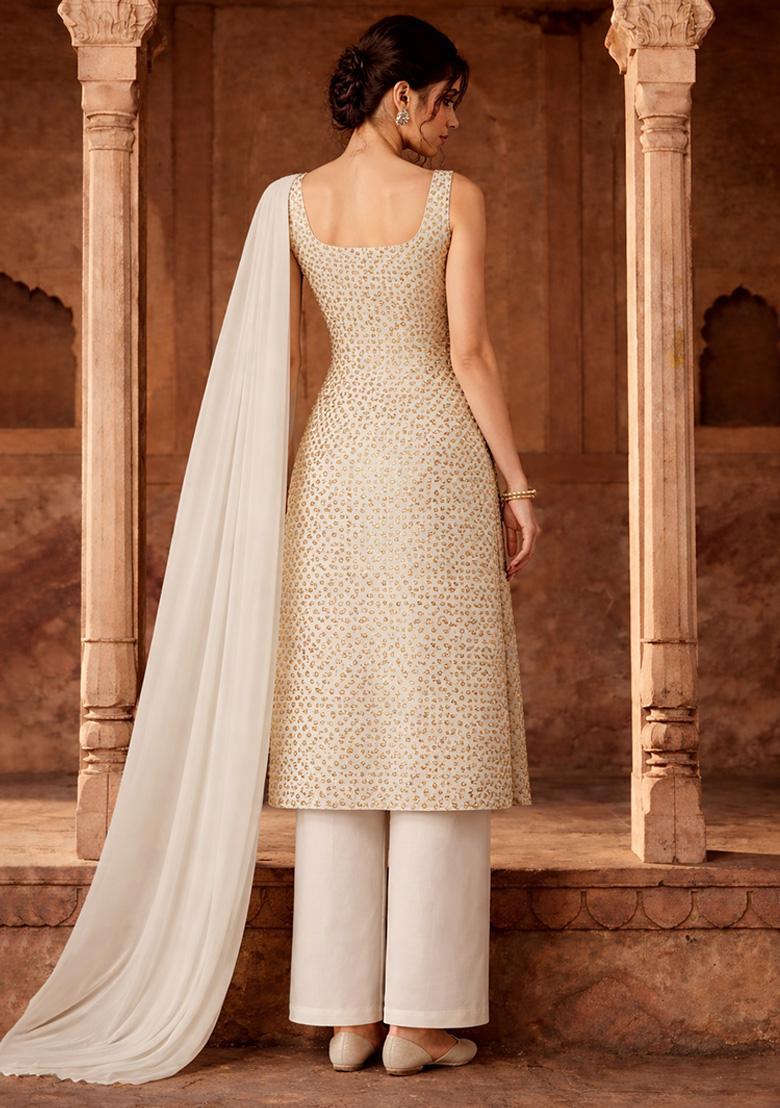 Off White Embroidered Georgette Straight Kurta Set - Indya