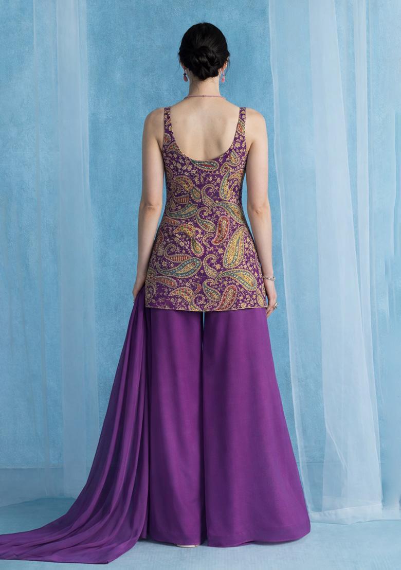 Ivory Printed Crepe Sharara Set - Indya