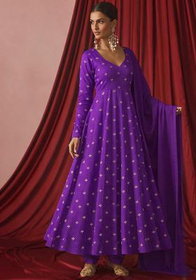 Purple Embroidered Organza Anarkali With Dupatta
