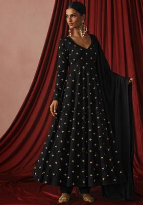 Black Embroidered Organza Anarkali With Dupatta