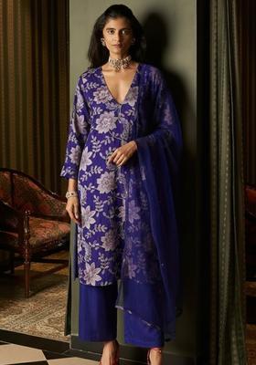 Royal Blue Embroidered Crepe Straight Kurta Set