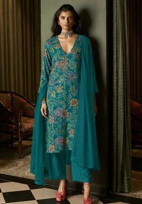 Sea Blue Floral Print Crepe Pakistani Suit Set