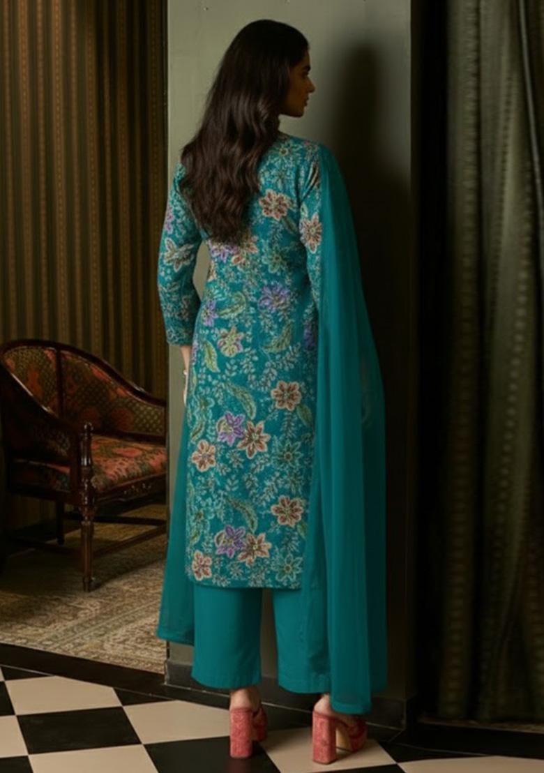 Sea Blue Floral Print Crepe Pakistani Suit Set - Indya