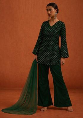 Bottle Green Sequin Work Velvet Sharara Set