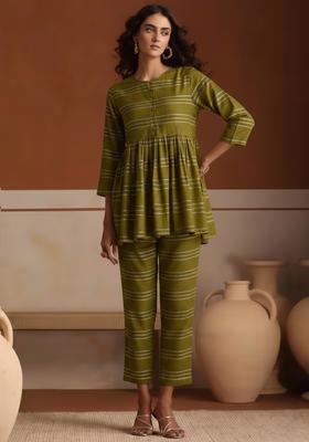 Olive Green Striped Chanderi Co Ord Set