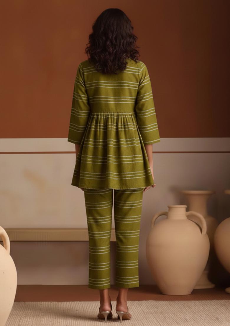 Olive Green Striped Chanderi Co Ord Set - Indya