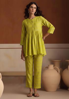 Lime Green Striped Chanderi Co Ord Set