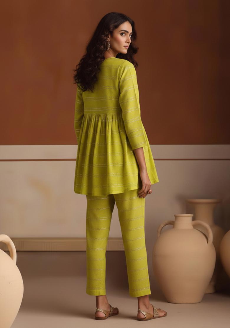 Lime Green Striped Chanderi Co Ord Set - Indya
