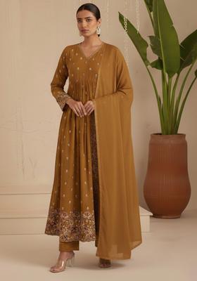 Brown Embroidered Moss Anarkali Set