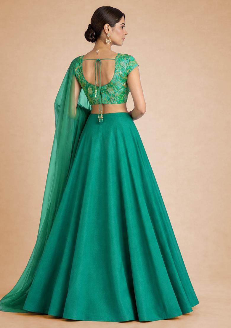 Emerald Green Floral Print Crepe Lehenga Set - Indya