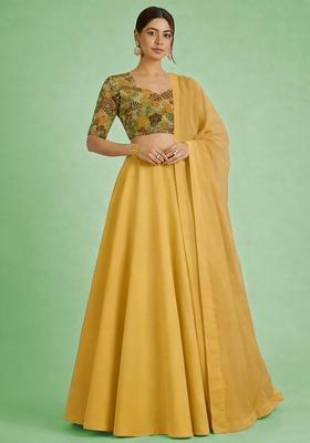 Beige Floral Print Crepe Lehenga Set