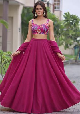Rani Pink Floral Print Crepe Lehenga Set