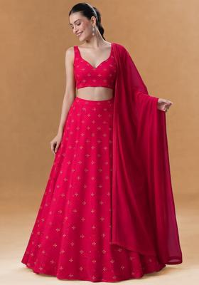 Red Embroidered Organza Lehenga Set