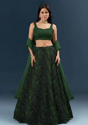 Deep Green Printed Silk Blend Lehenga Set