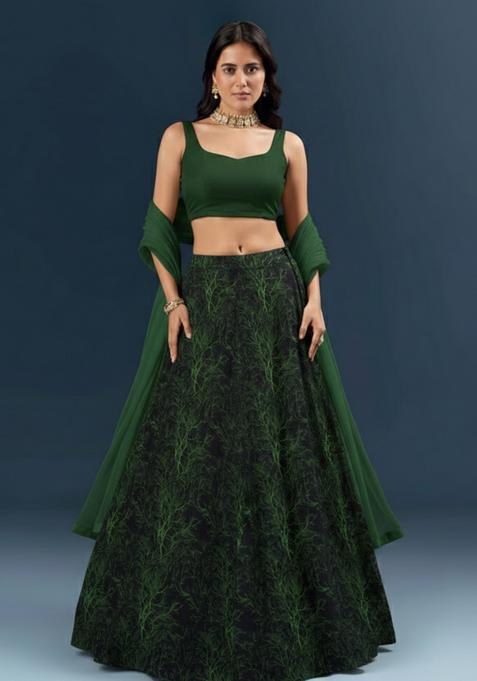 Deep Green Printed Silk Blend Lehenga Set