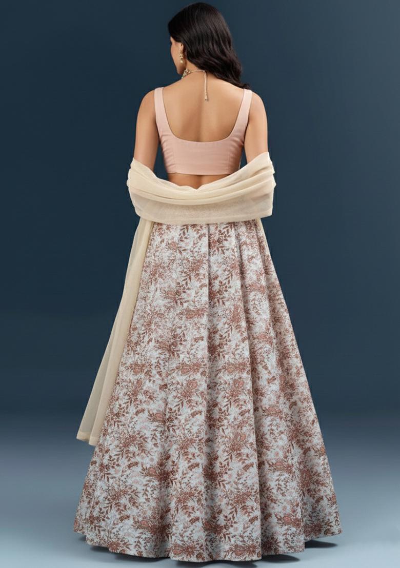 Blush Beige Embroidered Crepe Lehenga Set - Indya