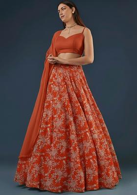 Peach Embroidered Crepe Lehenga Set