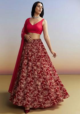Red Embroidered Crepe Lehenga Set