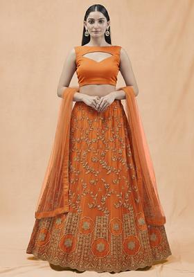 Orange Embroidered Crepe Lehenga Set