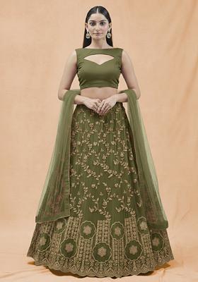 Olive Green Embroidered Crepe Lehenga Set