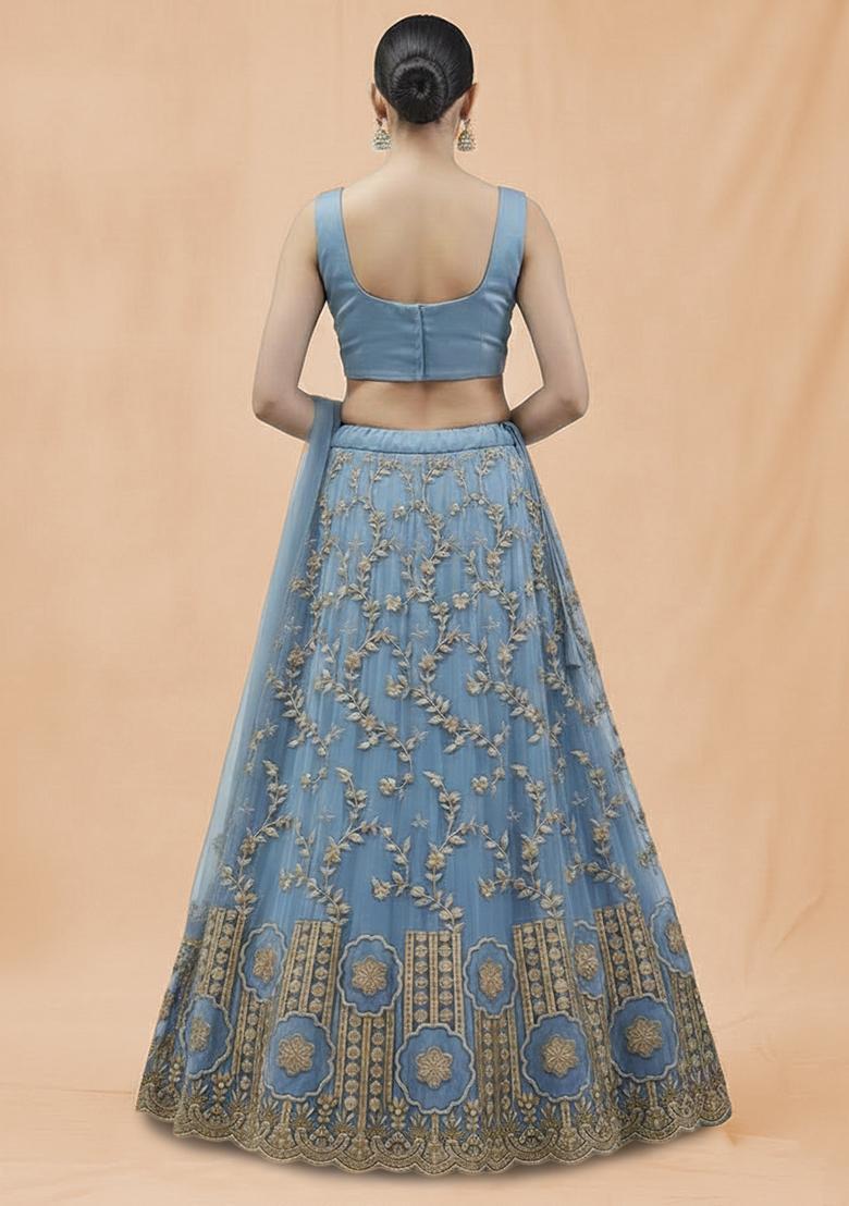 Powder Blue Embroidered Crepe Lehenga Set - Indya